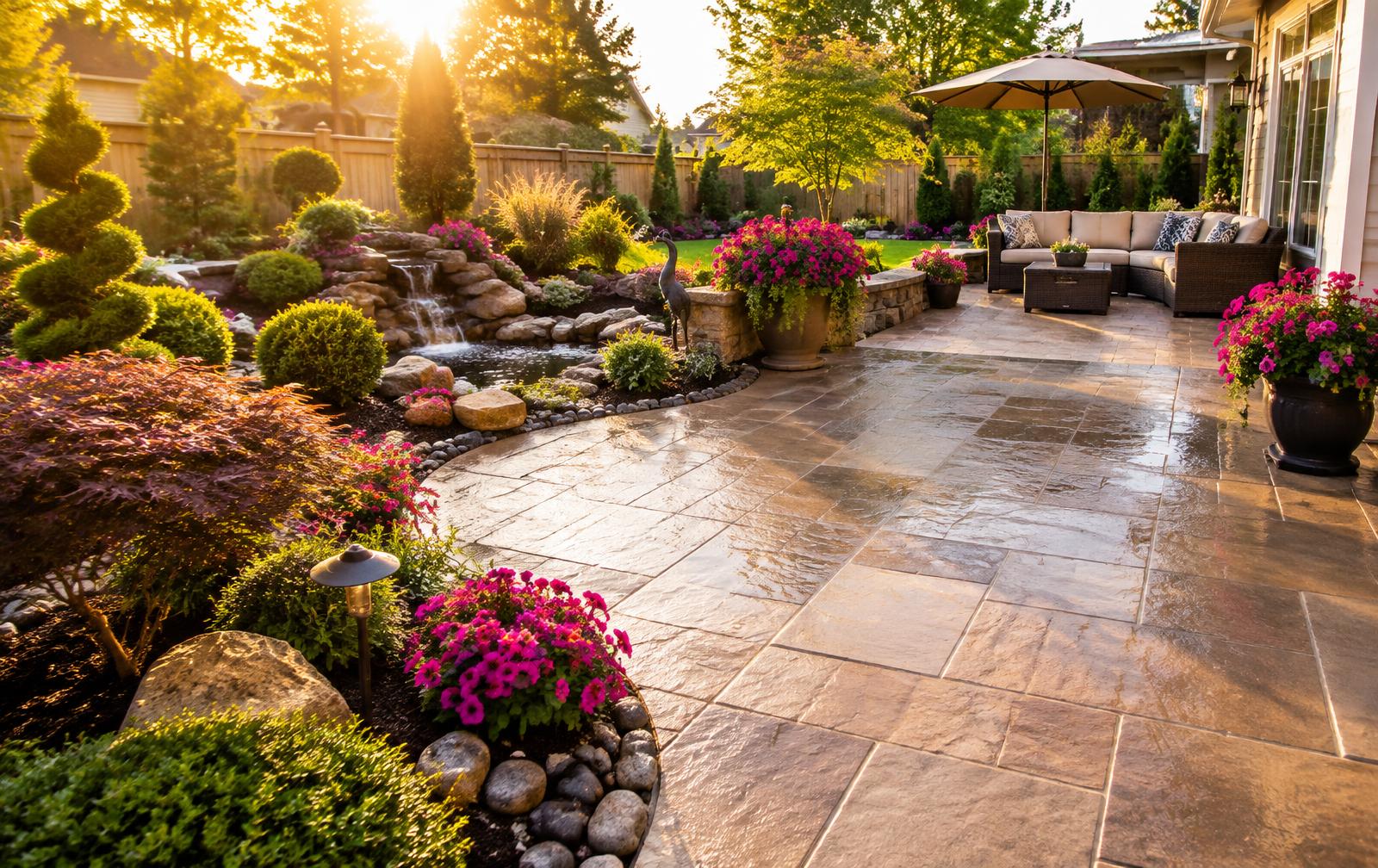 Landscaped backyard with freshly washed stone patio